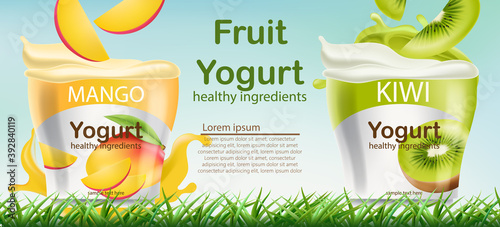 Two containers with mango and kiwi fruits yogurt on grass. Place for text. Healthy ingredients. Realistic 3D mockup product placement
