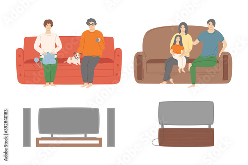 Couple and family people watching tv set vector, female knitting and male sitting with dog looking at screen of television, movies film, mother and father
