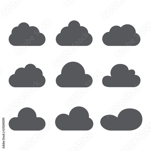 Black cartoon clouds set isolated on white background. Collection of different cartoon clouds for background template, wallpaper and sky design. Cartoon clouds vector. Sky illustration