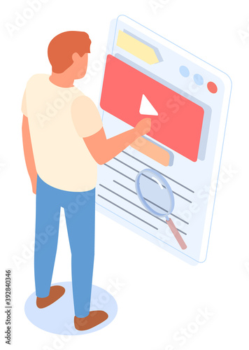 Male character, back view, stands and clicks on video player icon on large conceptual screen. Promo video, magnifying glass, search. Customer buys film. Online searching. Customer journey