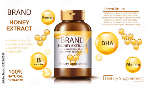 Bottle with natural honey extract dietary supplement. Increases immunity and brain activity, protects the heart and healthy skin. Contains minerals, B complex, vitamins and DHA. Place for text