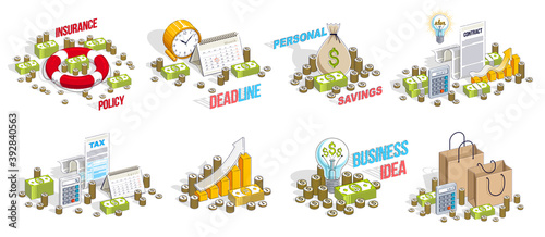 Business and finance concepts 3D vector illustrations set isolated on white background, money theme conceptual design collection, savings, bank, contract, income, safety, online.