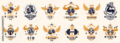 Fitness sport emblems logos or posters with barbells dumbbells kettlebells and muscle man silhouettes vector set, athletic workout active lifestyle theme, sport club or competition awards.