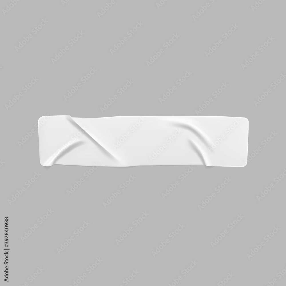 White glued crumpled rectangle sticker mock up. Blank white adhesive paper or plastic sticker label with wrinkled and creased effect. Template label tag close up. 3d realistic vector White glued crumpled rectangle sticker mock up. Blank white adhesive paper or plastic sticker label with wrinkled and creased effect. Template label tag close up. 3d realistic vector