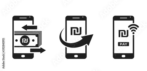mobile phone payment icon set. smartphone and israeli sheqel sign. nfc payment and mobile money transfer symbols