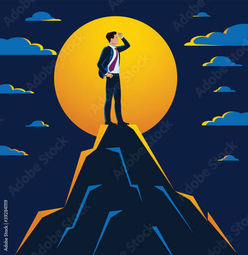 Businessman looking for opportunities standing on top peak of mountain business concept vector illustration, successful young handsome business man searches new perspectives.