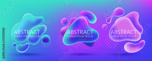 Set of three abstract background design of water alike blobs, white dots and lines pattern. Place for text. Realistic 3D mockup product placement © castecodesign