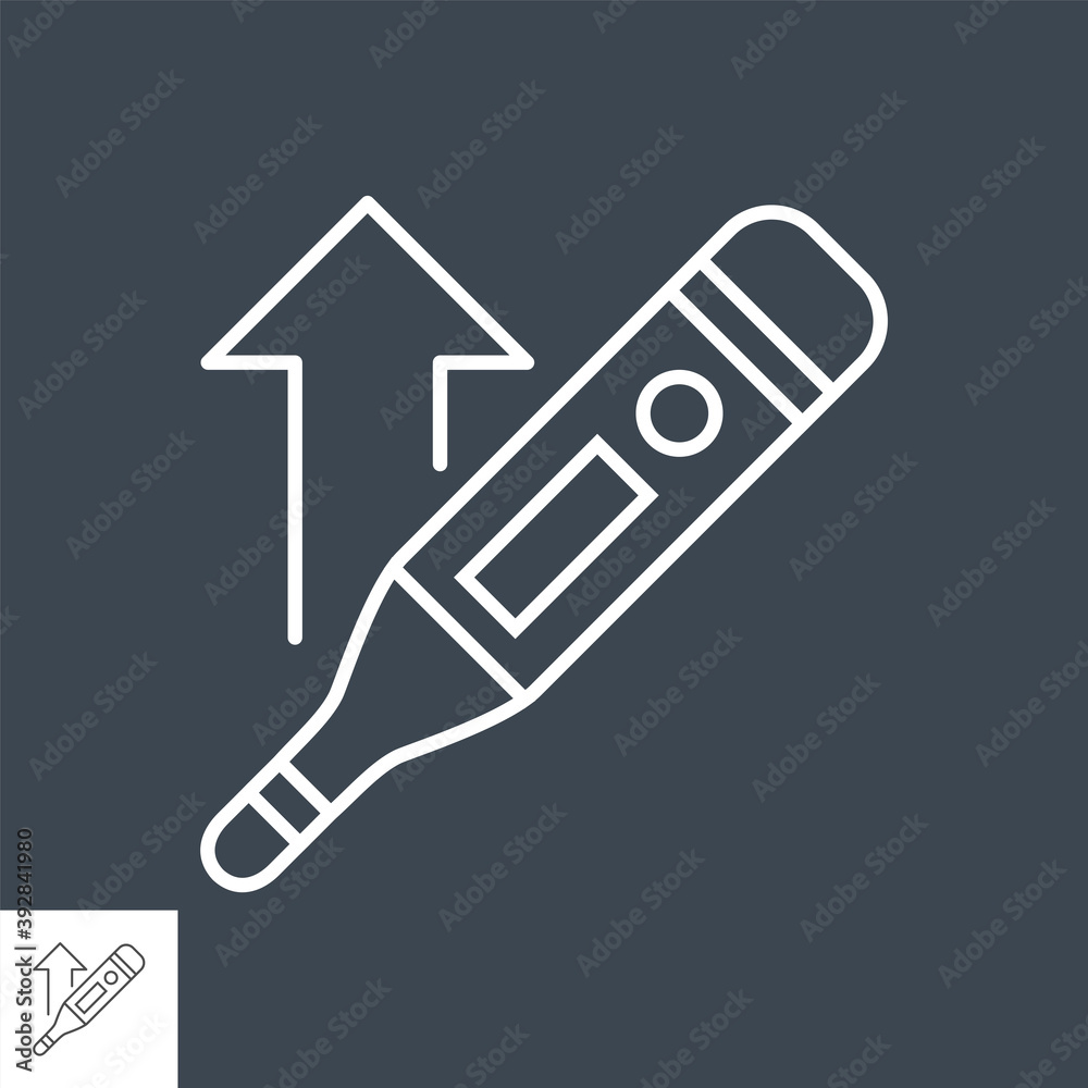Thermometer with a high temperature related vector thin line icon. Isolated on black background. Editable stroke. Vector illustration. Thermometer with a high temperature related vector thin line icon. Isolated on black background. Editable stroke. Vector illustration.