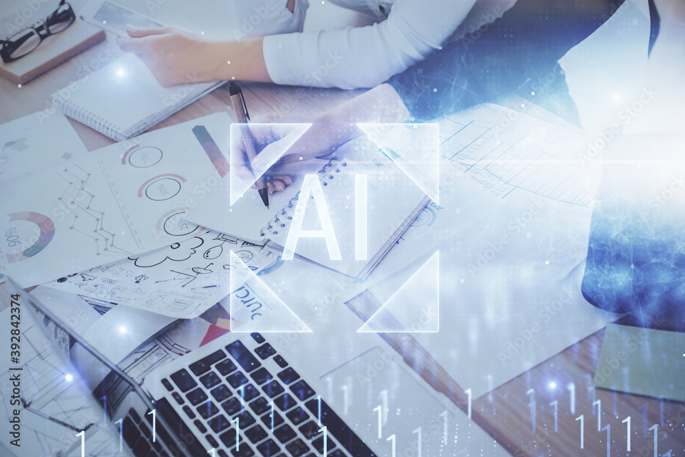 Double exposure of woman's writing hand on background with data technology hud. Big data concept. Double exposure of woman's writing hand on background with data technology hud. Big data concept.