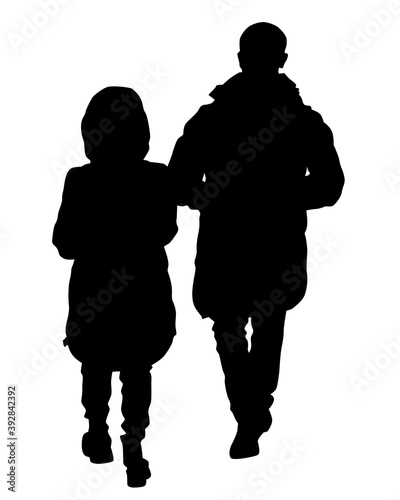 Young man and woman walking at street. Isolated silhouette on a white background
