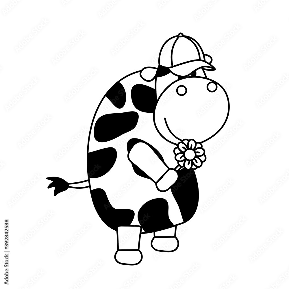 Fototapeta premium Coloring of Cow Wearing a Hat While Holding a Flower Cartoon, Cute Funny Character, Flat Design