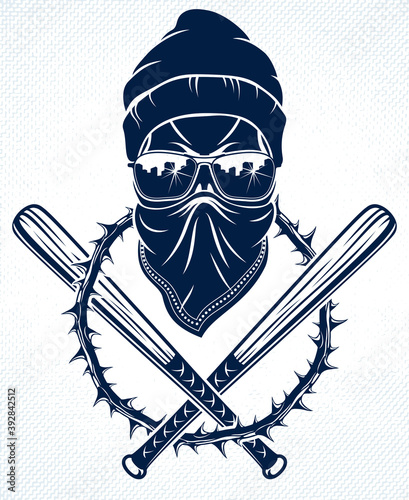 Gangster emblem logo or tattoo with aggressive skull baseball bats design elements, vector, criminal ghetto vintage style, gangster anarchy or mafia theme.