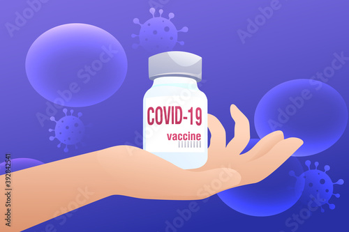 Coronavirus vaccine in the palm of your hand. Medicine, new development, virology, acute respiratory viral infection.A new remedy for covid-19 on a human hand.