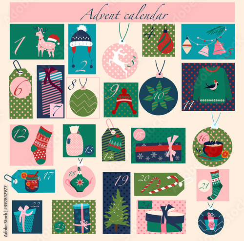 Christmas Advent calendar with elements in flat style.Winter holiday symbols for card,kid room decor, nursery art.Gift boxes,xmas tree toys,warm clothes.Catholic tradition.Vector in pastel colors