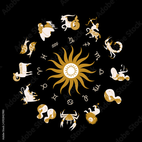 Horoscope and astrology. Horoscope wheel with the twelve signs of the zodiac. Zodiacal circle. Vector illustration.