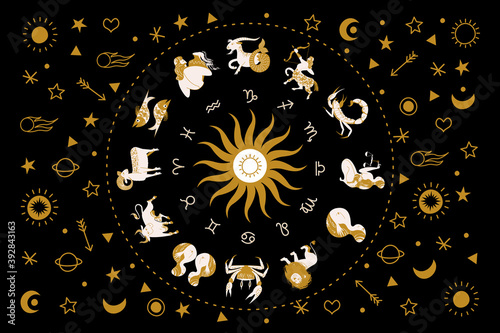 Horoscope and astrology. Horoscope wheel with the twelve signs of the zodiac. Zodiacal circle. Vector illustration.