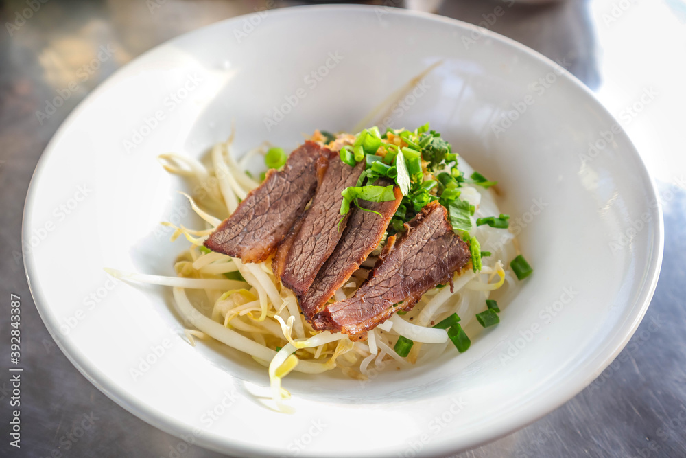 Delicious Beef noodles with vegetables prepare for the cook in a dish. Concept: food arrangement and decoration.