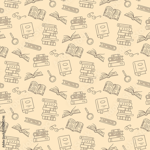 Paper books seamless pattern. Home library, book stacks, glasses in doodle style. Hand drawn vector illustration.
