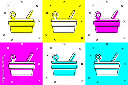 Set Sauna bucket and ladle icon isolated on color background. Vector.