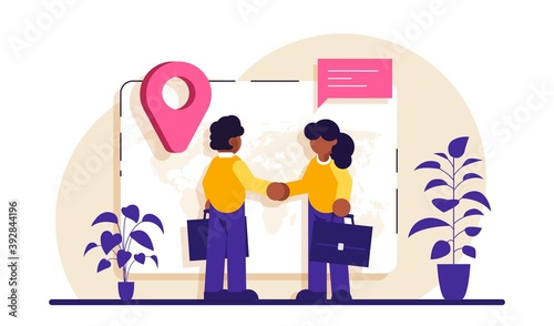 Expat work concept. Human resources agency for migrants. Effective migrant workers, expatriate programme, outside country employment. Modern flat illustration.
