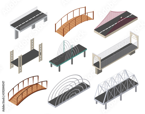 Vector isometric bridges icons set. 3d isolated drawing elements of a modern urban infrastructure for games or applications. City transport objects, road crossing, construction architecture
