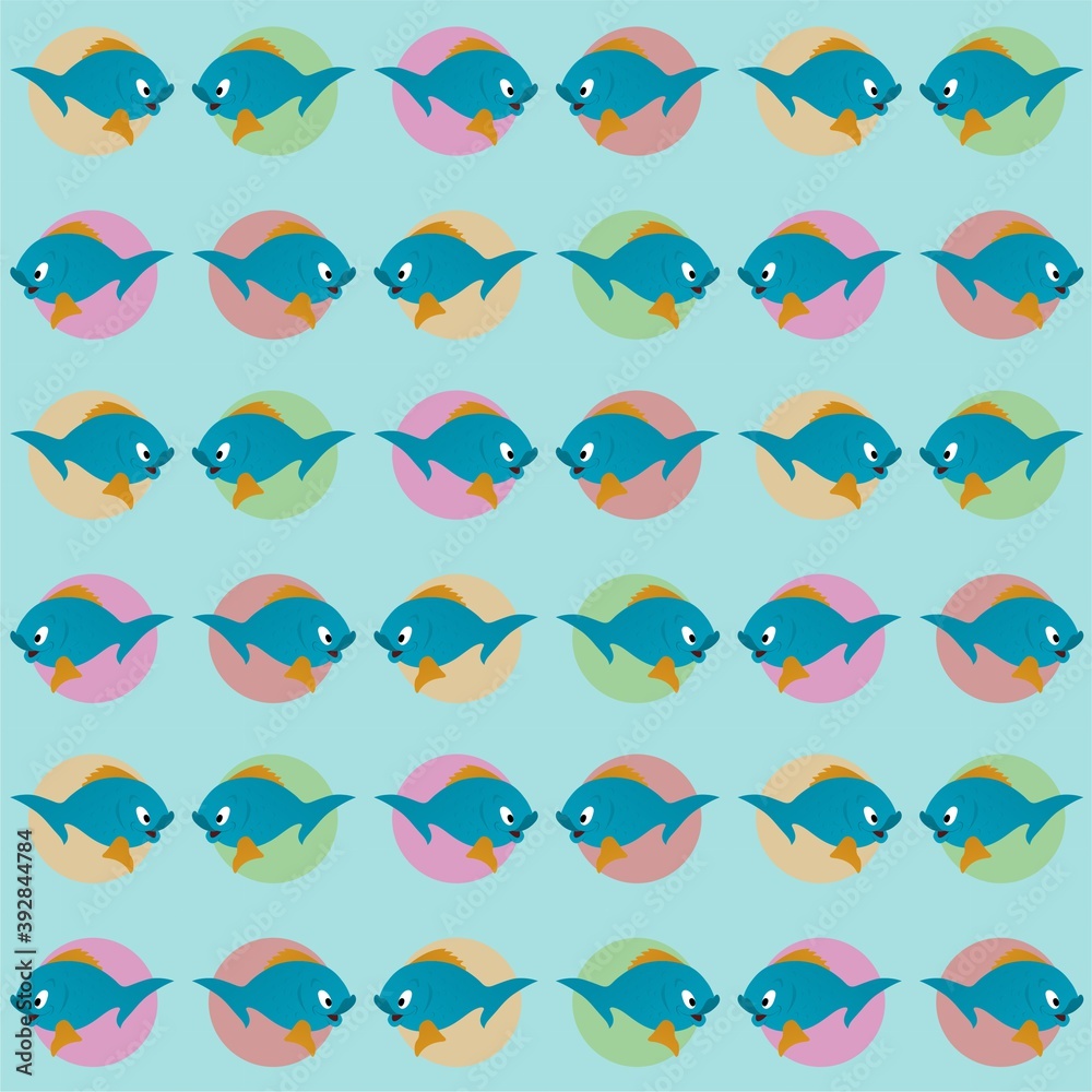 Blue Fish with Yellow Fins Opening its Mouth Cute Illustration, Cartoon Funny Character, Pattern Wallpaper 