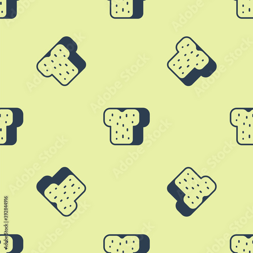 Blue Bread toast for sandwich piece of roasted crouton icon isolated seamless pattern on yellow background. Lunch, dinner, breakfast snack. Vector.