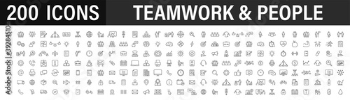 Set of 200 Teamwork web icons in line style. Team Work, people, support, business. Vector illustration. photo