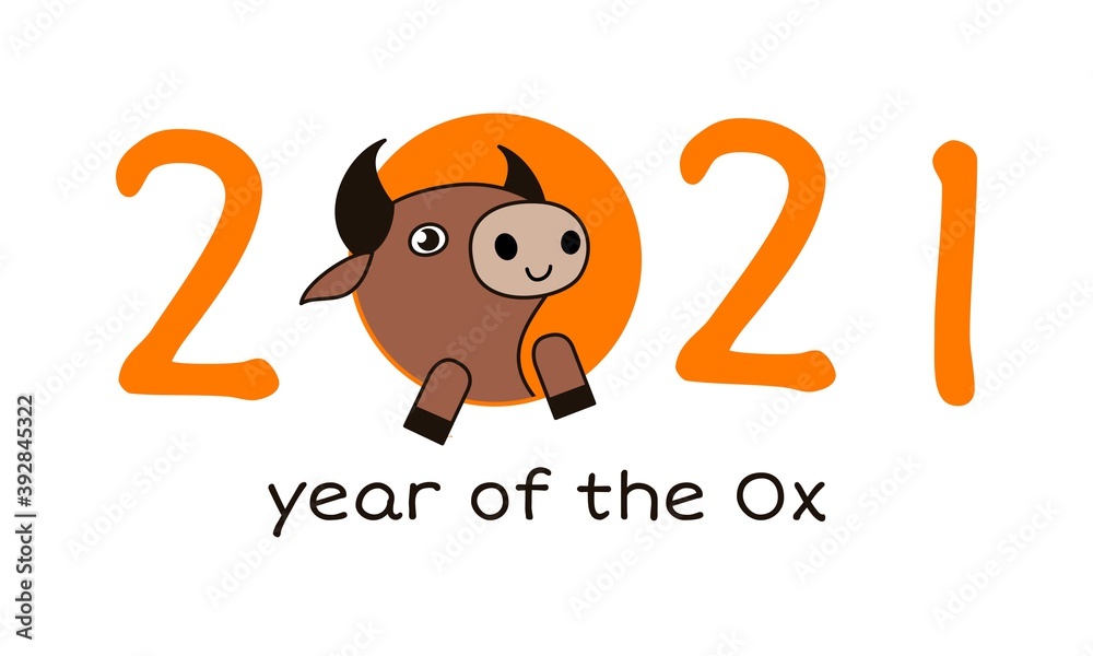 2021 new year greeting card with funny cute bull or cow. The year of the ox. 2021 new year greeting card with funny cute bull or cow. The year of the ox.