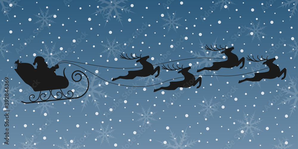 Santa on sleigh with reindeer flying in the night sky. Christmas background with Santa's sled and Xmas deer. Winter background with snowflakes. Vector illustration.