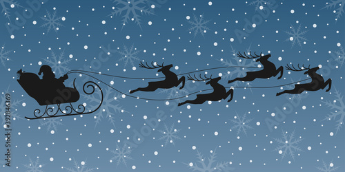 Santa on sleigh with reindeer flying in the night sky. Christmas background with Santa's sled and Xmas deer. Winter background with snowflakes. Vector illustration.