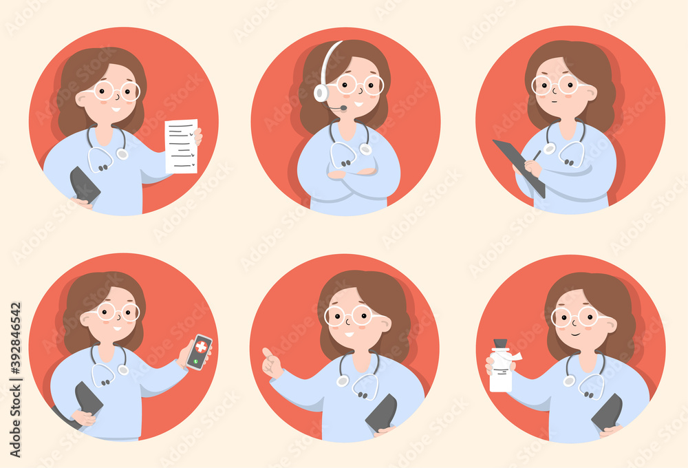 Set with the doctor. Female doctor in different poses on a red background. Contact your family doctor. Online consultation with a medical specialist. Colorful vector illustration in a flat design. Set with the doctor. Female doctor in different poses on a red background. Contact your family doctor. Online consultation with a medical specialist. Colorful vector illustration in a flat design.