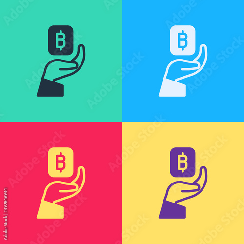 Pop art Hand holding Bitcoin icon isolated on color background. Blockchain technology, digital money market, cryptocoin wallet. Vector.