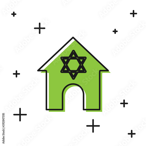 Black Jewish synagogue building or jewish temple icon isolated on white background. Hebrew or judaism construction with David star. Vector.