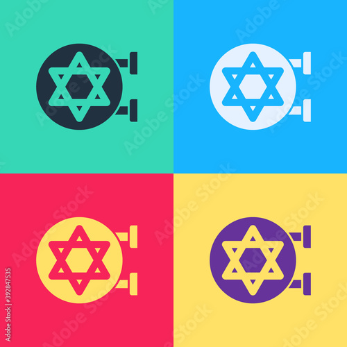 Pop art Jewish synagogue building or jewish temple icon isolated on color background. Hebrew or judaism construction with David star. Vector.
