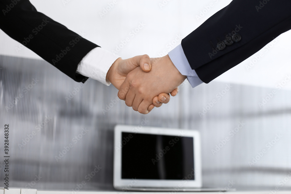 Businessman and woman shaking hands in office. Concept of handshake as success symbol in business Businessman and woman shaking hands in office. Concept of handshake as success symbol in business