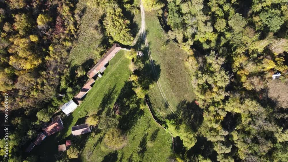 Aerial view of Cheparlyansky Monastery of Saint Petka at the coast of Nishava River, Sofia City Region, Bulgaria Aerial view of Cheparlyansky Monastery of Saint Petka at the coast of Nishava River, Sofia City Region, Bulgaria