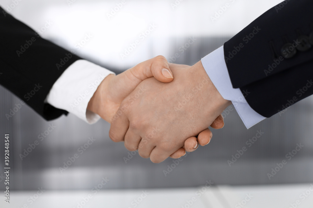 Businessman and woman shaking hands in office. Concept of handshake as success symbol in business