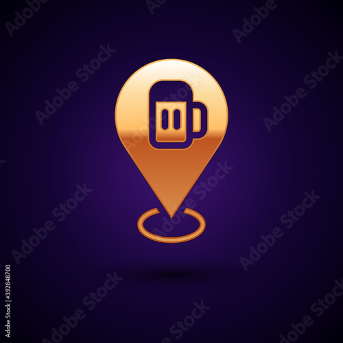 Gold Alcohol or beer bar location icon isolated on black background. Symbol of drinking, pub, club, bar. Vector.