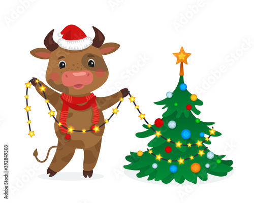 Happy New Year Illustration. Cute cow decorating the Christmas tree. Christmas card flat style. Hand drawn vector illustration with Chinese new year symbol. 2021 year