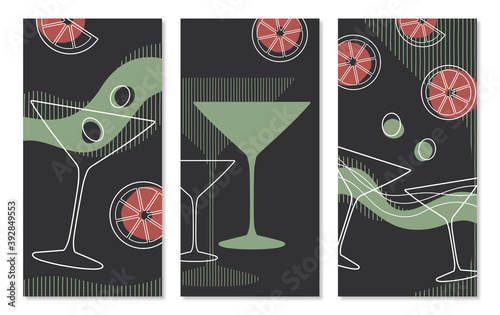 Set of three vertical banners, martini cocktail drink vector, blood orange slices and olives line art vector illustration