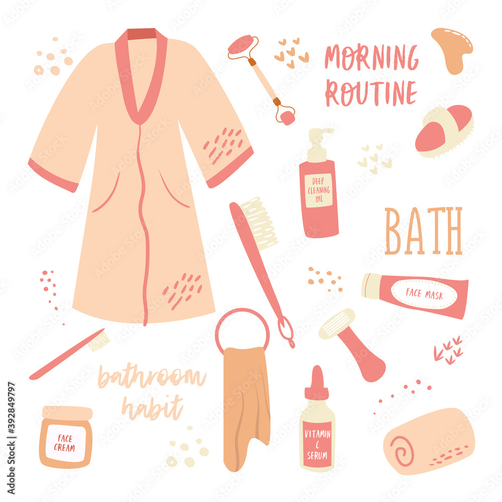Flat vector cartoon set of items for hygiene and bathroom in beige tones. Toothbrush, Bathrobe, face massager, towel, shaving machine, creams, body massage brush.