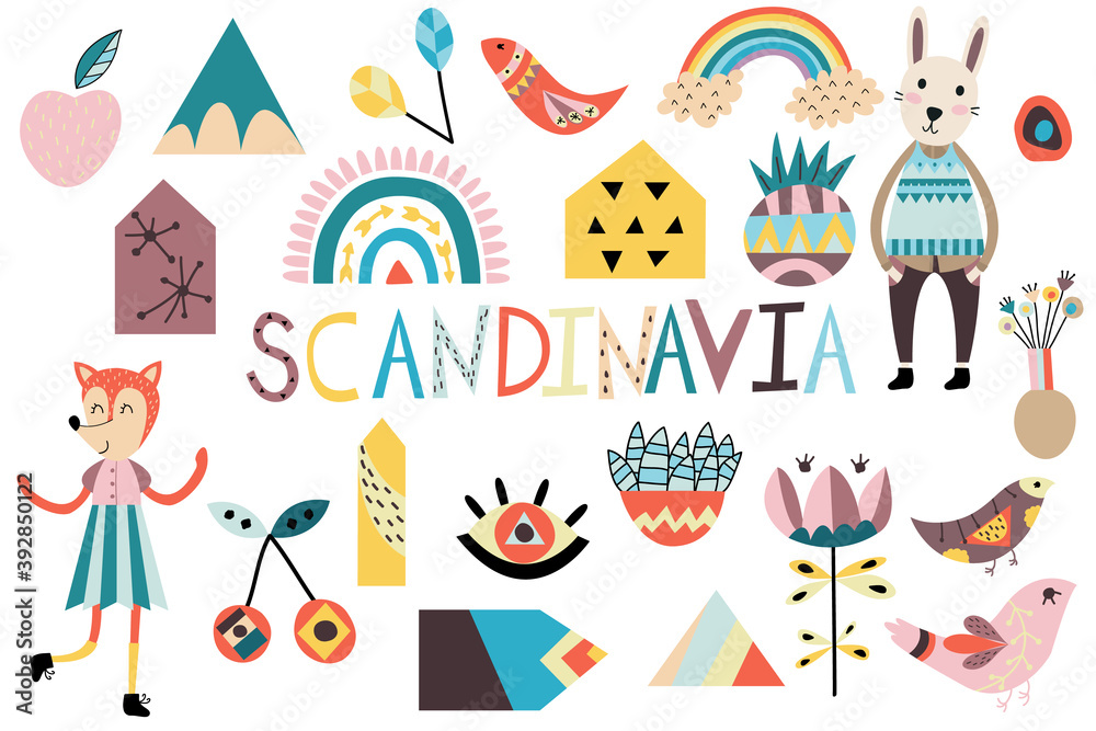 Plakat Scandinavian cute design nature elements and animals. Flowers, birds, geometric figures, abstract vector elements.