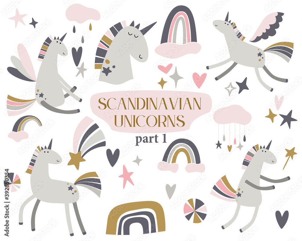Unicorn and Rainbow Clipart in scandinavian style. Set of cute unicorns, rainbows, celestial elements. Grey and pink colors. Hand drawn retro vector illustrations.
