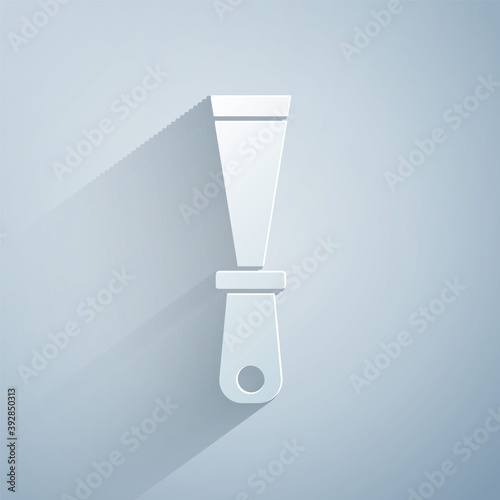 Paper cut Putty knife icon isolated on grey background. Spatula repair tool. Spackling or paint instruments. Paper art style. Vector.