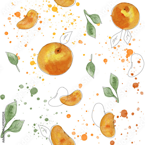 Fototapeta Naklejka Na Ścianę i Meble -  Seamless watercolor pattern. Illustration. Tangerines, mandarin, fruits, vitamins. With bright mandarine slices and leaves.