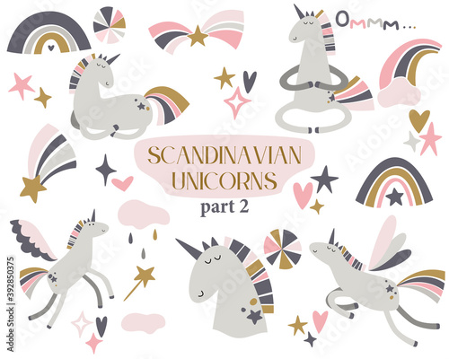 Unicorn and Rainbow Clipart in scandinavian style. Set of cute unicorns, rainbows, celestial elements. Grey and pink colors. Hand drawn retro vector illustrations.  © happiestsim