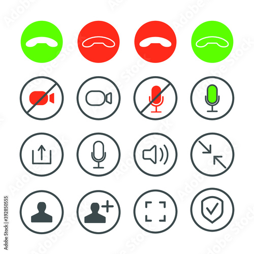 Set of Video call icons. Video conference. Collections buttons of on-line video chat app, internet talk, call technology. Web app ui display template. Videoconferencing and online meeting workspace