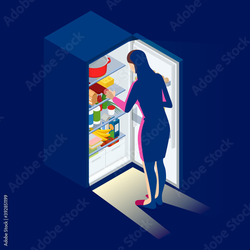 Problem of excess weight and health. Woman by the open refrigerator at night. Isometric young woman looking at fridge.