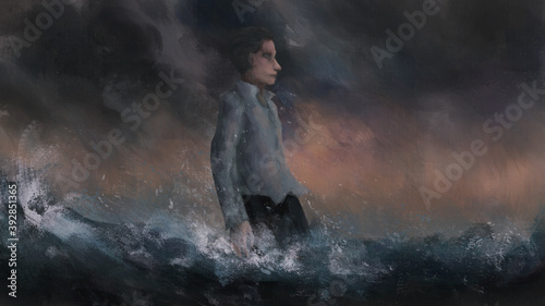 man standing in the sea and looking among sea wave and bad weather ,digital art, Illustration painting 